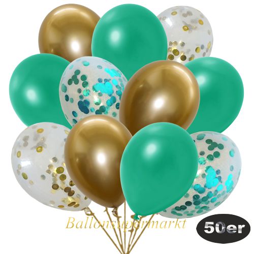 Partydeko Luftballon Set 50er, konfetti-luftballons-50-stueck-gold-konfetti-tuerkis-konfetti-und-metallic-tuerkisgruen-chrome-gold-30-cm