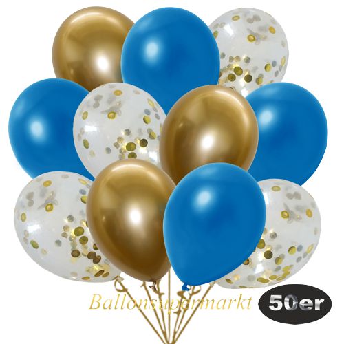 Partydeko Luftballon Set 50er, konfetti-luftballons-50-stueck-gold-konfetti-und-metallic-blau-chrome-gold-30-cm