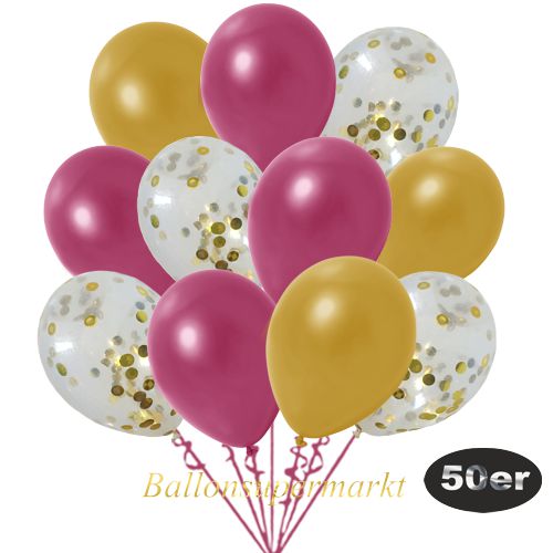 Partydeko Luftballon Set 50er, konfetti-luftballons-50-stueck-gold-konfetti-und-metallic-burgund-metallic-gold-30-cm