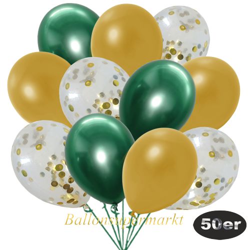 Partydeko Luftballon Set 50er, konfetti-luftballons-50-stueck-gold-konfetti-und-metallic-gold-chrome-gruen-30-cm