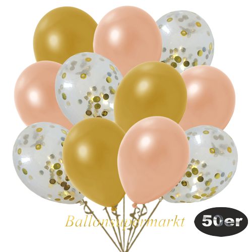 Partydeko Luftballon Set 50er, konfetti-luftballons-50-stueck-gold-konfetti-und-metallic-lachs-metallic-gold-30-cm