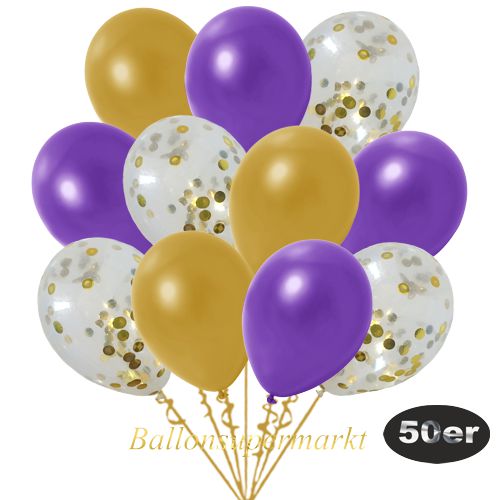 Partydeko Luftballon Set 50er, konfetti-luftballons-50-stueck-gold-konfetti-und-metallic-violett-metallic-gold-30-cm