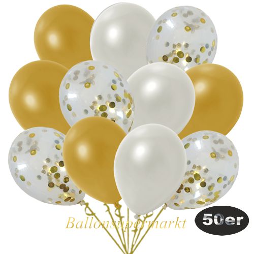 Partydeko Luftballon Set 50er, konfetti-luftballons-50-stueck-gold-konfetti-und-metallic-weiss-metallic-gold-30-cm