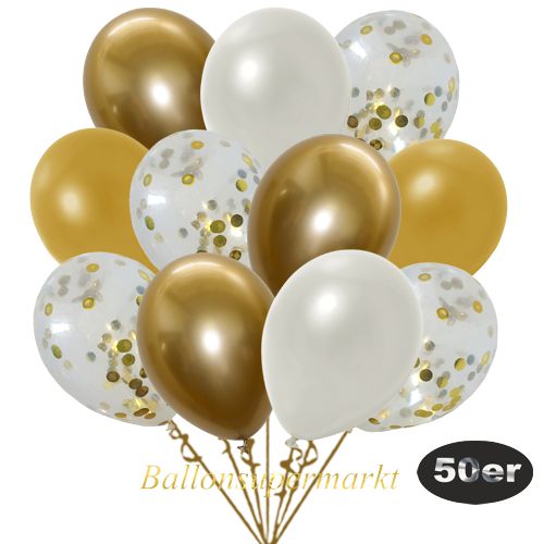 Partydeko Luftballon Set 50er, konfetti-luftballons-50-stueck-gold-konfetti-und-metallic-gold-metallic-weiss-chrome-gold-30-cm