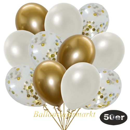 Partydeko Luftballon Set 50er, konfetti-luftballons-50-stueck-gold-konfetti-und-metallic-weiss-chrome-gold-30-cm