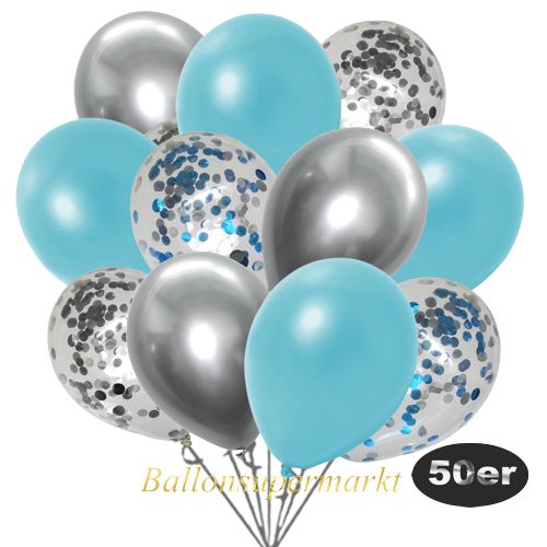 Partydeko Luftballon Set 50er, konfetti-luftballons-50-stueck-hellblau-konfetti-silber-konfetti-und-metallic-hellblau-chrome-silber-30-cm