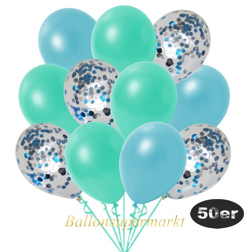 Partydeko Luftballon Set 50er, konfetti-luftballons-50-stueck-hellblau-konfetti-und-metallic-aquamarin-metallic-hellblau-30-cm