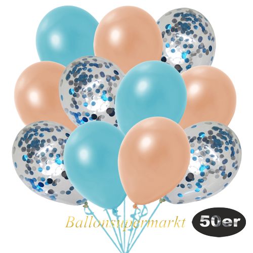 Partydeko Luftballon Set 50er, konfetti-luftballons-50-stueck-hellblau-konfetti-und-metallic-lachs-metallic-hellblau-30-cm