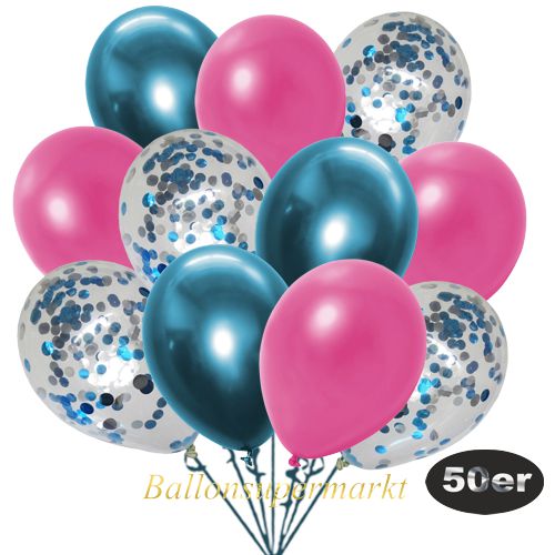Partydeko Luftballon Set 50er, konfetti-luftballons-50-stueck-hellblau-konfetti-und-metallic-pink-chrome-blau-30-cm
