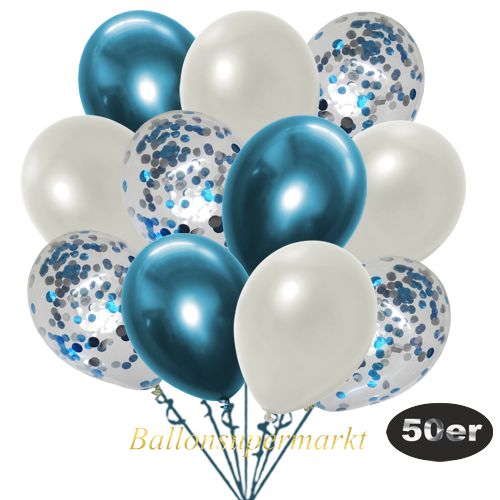 Partydeko Luftballon Set 50er, konfetti-luftballons-50-stueck-hellblau-konfetti-und-metallic-weiss-chrome-blau-30-cm