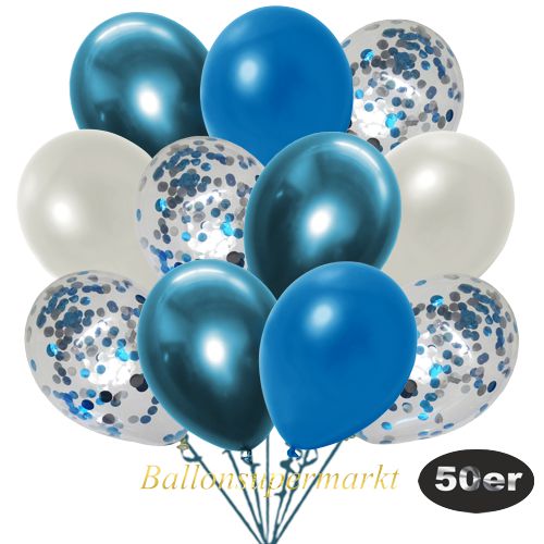 Partydeko Luftballon Set 50er, konfetti-luftballons-50-stueck-hellblau-konfetti-und-metallic-blau-metallic-weiss-chrome-blau-30-cm