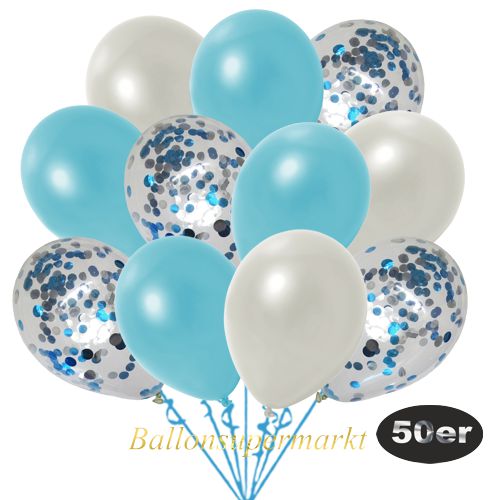 Partydeko Luftballon Set 50er, konfetti-luftballons-50-stueck-hellblau-konfetti-und-metallic-weiss-metallic-hellblau-30-cm