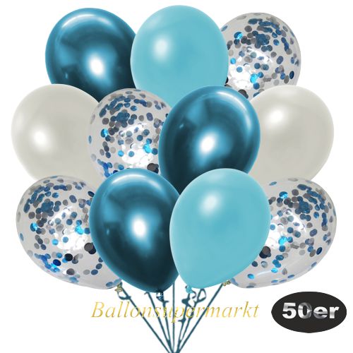 Partydeko Luftballon Set 50er, konfetti-luftballons-50-stueck-hellblau-konfetti-und-metallic-hellblau-metallic-weiss-chrome-blau-30-cm