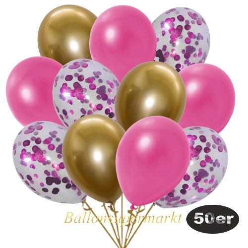 Partydeko Luftballon Set 50er, konfetti-luftballons-50-stueck-pink-konfetti-und-metallic-pink-chrome-gold-30-cm