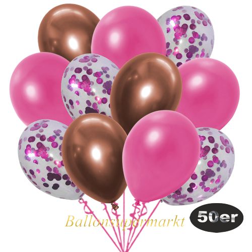 Partydeko Luftballon Set 50er, konfetti-luftballons-50-stueck-pink-konfetti-und-metallic-pink-chrome-kupfer-30-cm