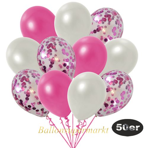 Partydeko Luftballon Set 50er, konfetti-luftballons-50-stueck-pink-konfetti-und-metallic-weiss-metallic-pink-30-cm