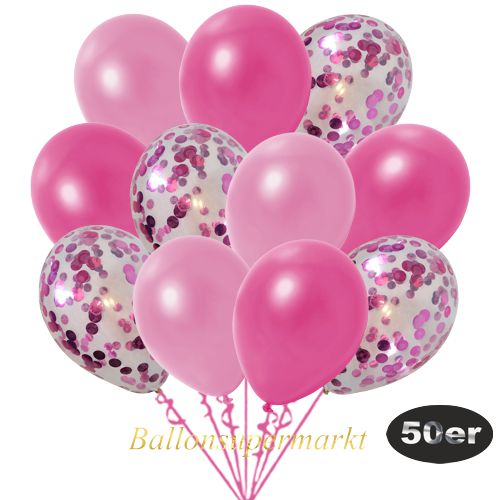 Partydeko Luftballon Set 50er, konfetti-luftballons-50-stueck-pink-konfetti-und-metallic-rose-metallic-pink-30-cm