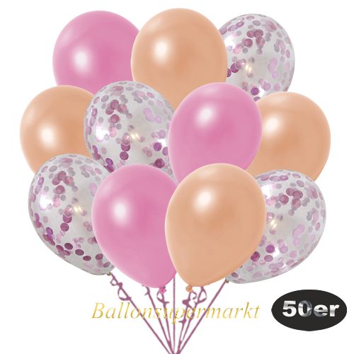 Partydeko Luftballon Set 50er, konfetti-luftballons-50-stueck-rosa-konfetti-und-metallic-rose-metallic-lachs-30-cm