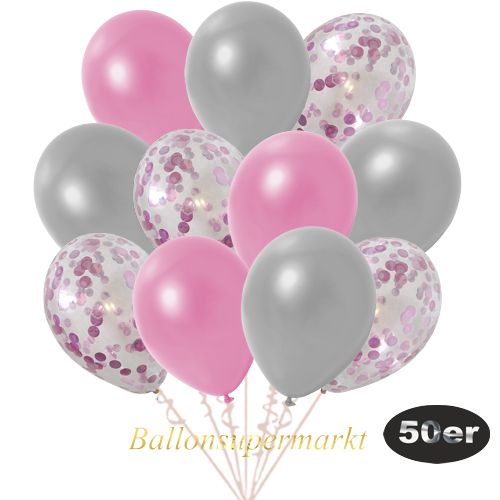 Partydeko Luftballon Set 50er, konfetti-luftballons-50-stueck-rosa-konfetti-und-metallic-rose-metallic-silber-30-cm
