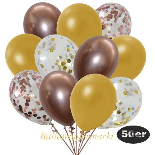 Partydeko Luftballon Set 50er, konfetti-luftballons-50-stueck-gold-konfetti-rosegold-konfetti-und-metallic-gold-chrome-rosegold-30-cm