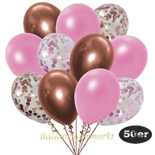 Partydeko Luftballon Set 50er, konfetti-luftballons-50-stueck-rosa-konfetti-rosegold-konfetti-und-metallic-rose-chrome-kupfer-30-cm