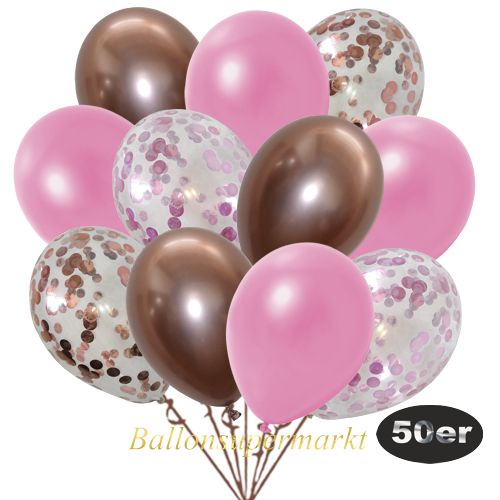 Partydeko Luftballon Set 50er, konfetti-luftballons-50-stueck-rosa-konfetti-rosegold-konfetti-und-metallic-rose-chrome-rosegold-30-cm