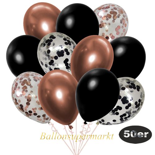 Partydeko Luftballon Set 50er, konfetti-luftballons-50-stueck-rosegold-konfetti-schwarz-konfetti-und-metallic-schwarz-chrome-kupfer-30-cm
