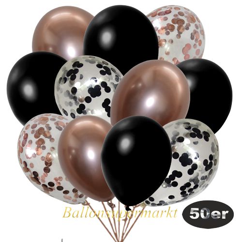 Partydeko Luftballon Set 50er, konfetti-luftballons-50-stueck-schwarz-konfetti-rosegold-konfetti-und-metallic-schwarz-chrome-rosegold-30-cm