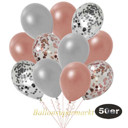Partydeko Luftballon Set 50er, konfetti-luftballons-50-stueck-rosegold-konfetti-silber-konfetti-und-metallic-rosegold-metallic-silber-30-cm