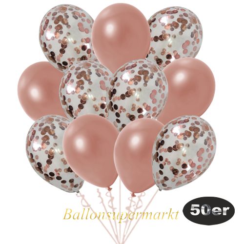 Partydeko Luftballon Set 50er, konfetti-luftballons-50-stueck-rosegold-konfetti-und-metallic-rosegold-30-cm