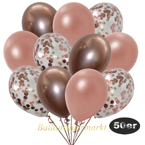 Partydeko Luftballon Set 50er, konfetti-luftballons-50-stueck-rosegold-konfetti-und-metallic-rosegold-chrome-rosegold-30-cm