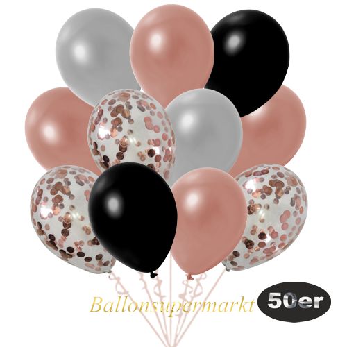 Partydeko Luftballon Set 50er, konfetti-luftballons-50-stueck-rosegold-konfetti-und-metallic-rosegold-metallic-silber-metallic-schwarz-30-cm