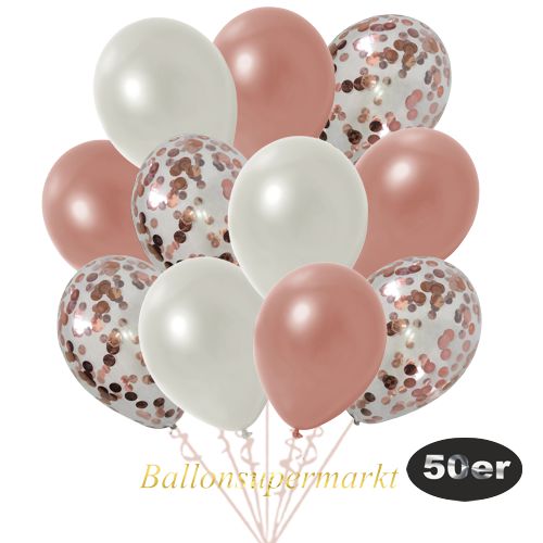 Partydeko Luftballon Set 50er, konfetti-luftballons-50-stueck-rosegold-konfetti-und-metallic-rosegold-metallic-weiss-30-cm