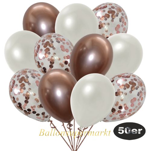 Partydeko Luftballon Set 50er, konfetti-luftballons-50-stueck-rosegold-konfetti-und-metallic-weiss-chrome-rosegold-30-cm