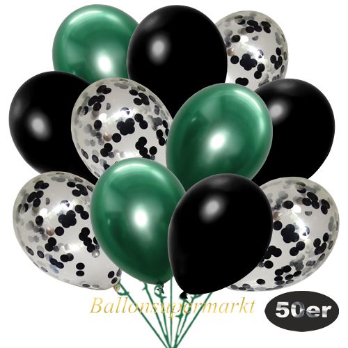 Partydeko Luftballon Set 50er, konfetti-luftballons-50-stueck-schwarz-konfetti-und-metallic-schwarz-chrome-gruen-30-cm