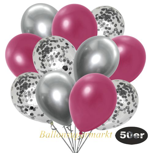 Partydeko Luftballon Set 50er, konfetti-luftballons-50-stueck-silber-konfetti-und-metallic-burgund-chrome-silber-30-cm
