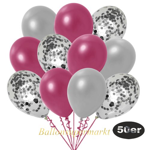 Partydeko Luftballon Set 50er, konfetti-luftballons-50-stueck-silber-konfetti-und-metallic-burgund-metallic-silber-30-cm