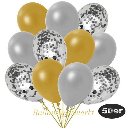 Partydeko Luftballon Set 50er, konfetti-luftballons-50-stueck-silber-konfetti-und-metallic-gold-metallic-silber-30-cm