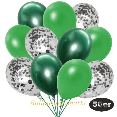 Partydeko Luftballon Set 50er, konfetti-luftballons-50-stueck-silber-konfetti-und-metallic-gruen-chrome-gruen-30-cm