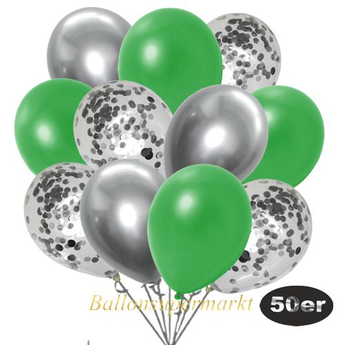 Partydeko Luftballon Set 50er, konfetti-luftballons-50-stueck-silber-konfetti-und-metallic-gruen-chrome-silber-30-cm