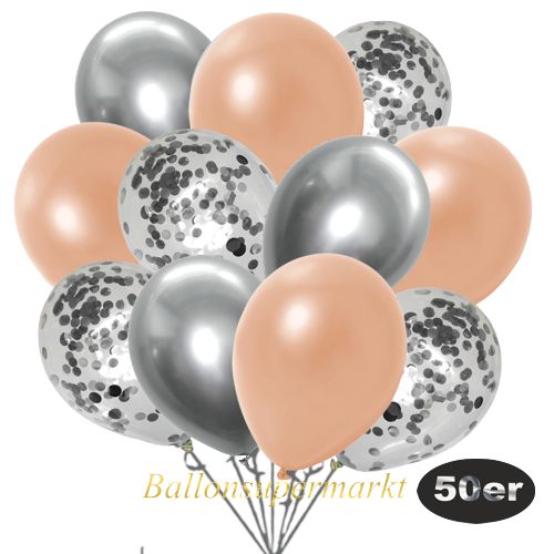Partydeko Luftballon Set 50er, konfetti-luftballons-50-stueck-silber-konfetti-und-metallic-lachs-chrome-silber-30-cm