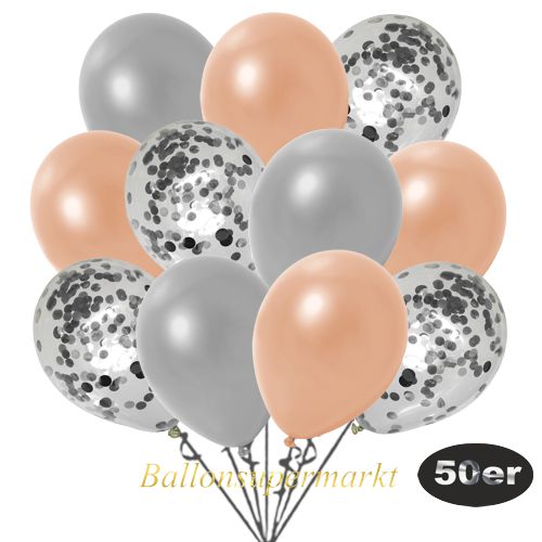 Partydeko Luftballon Set 50er, konfetti-luftballons-50-stueck-silber-konfetti-und-metallic-lachs-metallic-silber-30-cm