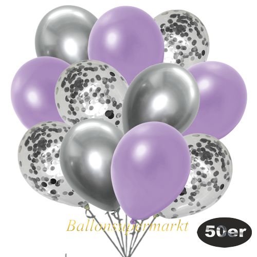 Partydeko Luftballon Set 50er, konfetti-luftballons-50-stueck-silber-konfetti-und-metallic-lila-chrome-silber-30-cm