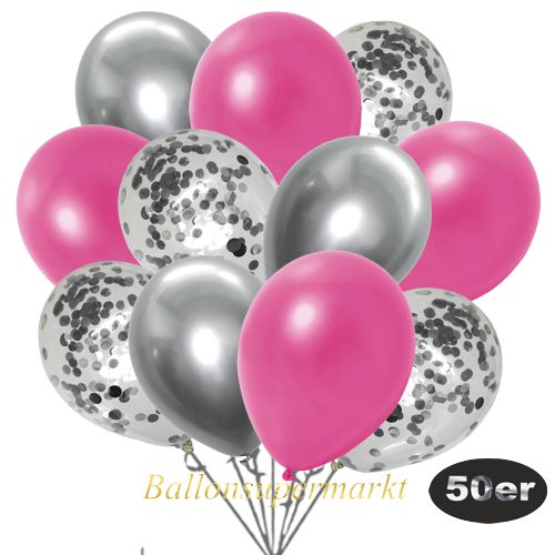 Partydeko Luftballon Set 50er, konfetti-luftballons-50-stueck-silber-konfetti-und-metallic-pink-chrome-silber-30-cm