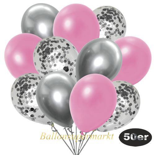 Partydeko Luftballon Set 50er, konfetti-luftballons-50-stueck-silber-konfetti-und-metallic-rose-chrome-silber-30-cm