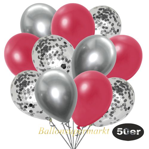 Partydeko Luftballon Set 50er, konfetti-luftballons-50-stueck-silber-konfetti-und-metallic-rot-chrome-silber-30-cm
