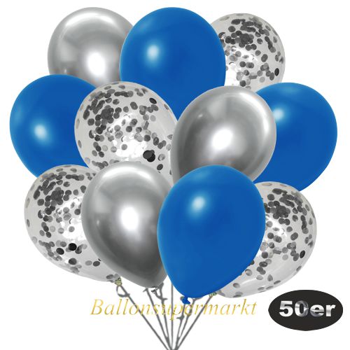 Partydeko Luftballon Set 50er, konfetti-luftballons-50-stueck-silber-konfetti-und-metallic-royalblau-chrome-silber-30-cm