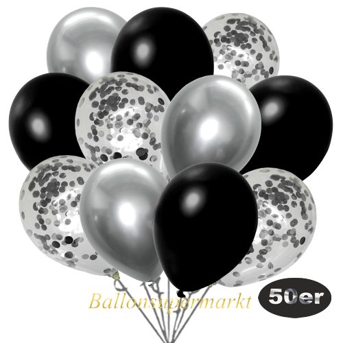 Partydeko Luftballon Set 50er, konfetti-luftballons-50-stueck-silber-konfetti-und-metallic-schwarz-chrome-silber-30-cm