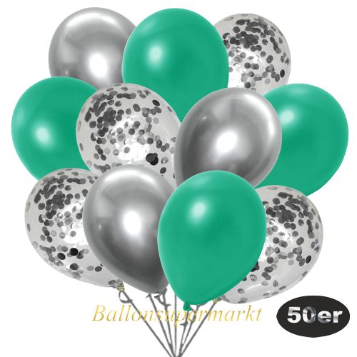 Partydeko Luftballon Set 50er, konfetti-luftballons-50-stueck-silber-konfetti-und-metallic-tuerkisgruen-chrome-silber-30-cm