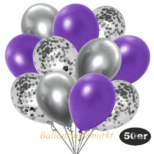 Partydeko Luftballon Set 50er, konfetti-luftballons-50-stueck-silber-konfetti-und-metallic-violett-chrome-silber-30-cm